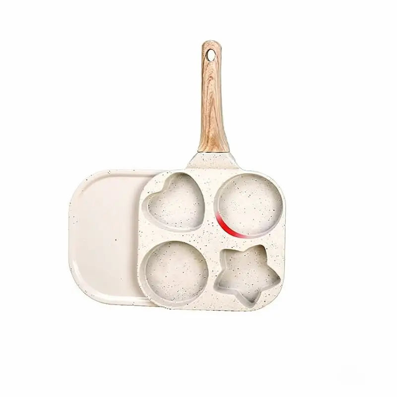 4-Hole Heart-Shaped Pancake Pan Non-Stick Granite Skillet Wood Handle for Egg Omelet Easy-Clean Kitchen Breakfast Cooking Gadget Gift Idea Tool Home