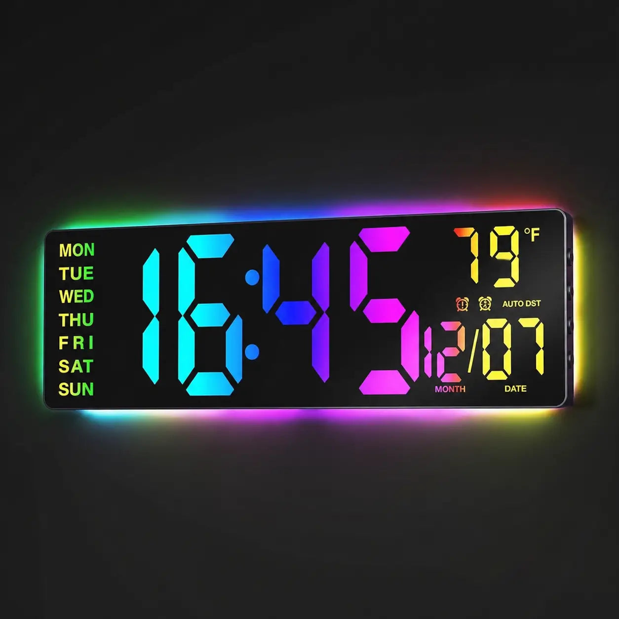 Large digital wall clock with RGB ambient light, dual alarms, and easy-read LED display for home offices, kitchens, classrooms, and gaming rooms Tomyhome Global