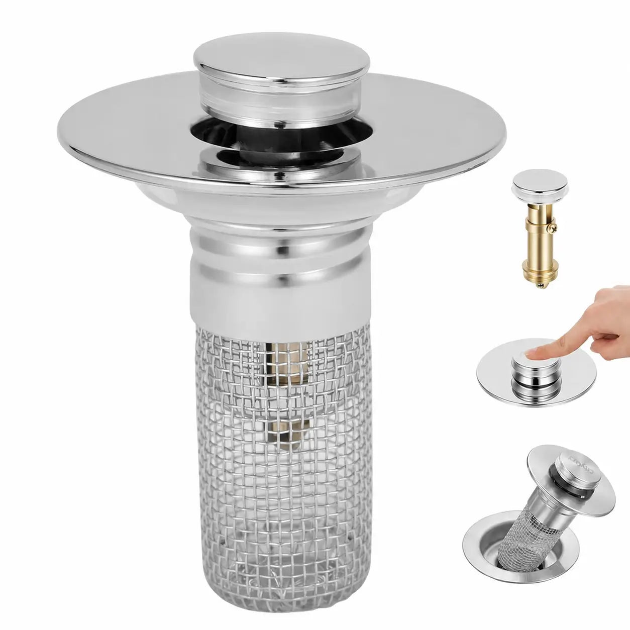 Universal pop-up sink stopper with removable stainless steel hair catcher basket for standard bathroom drains, 2-in-1 anti-clog strainer and plug Tomyhome Global