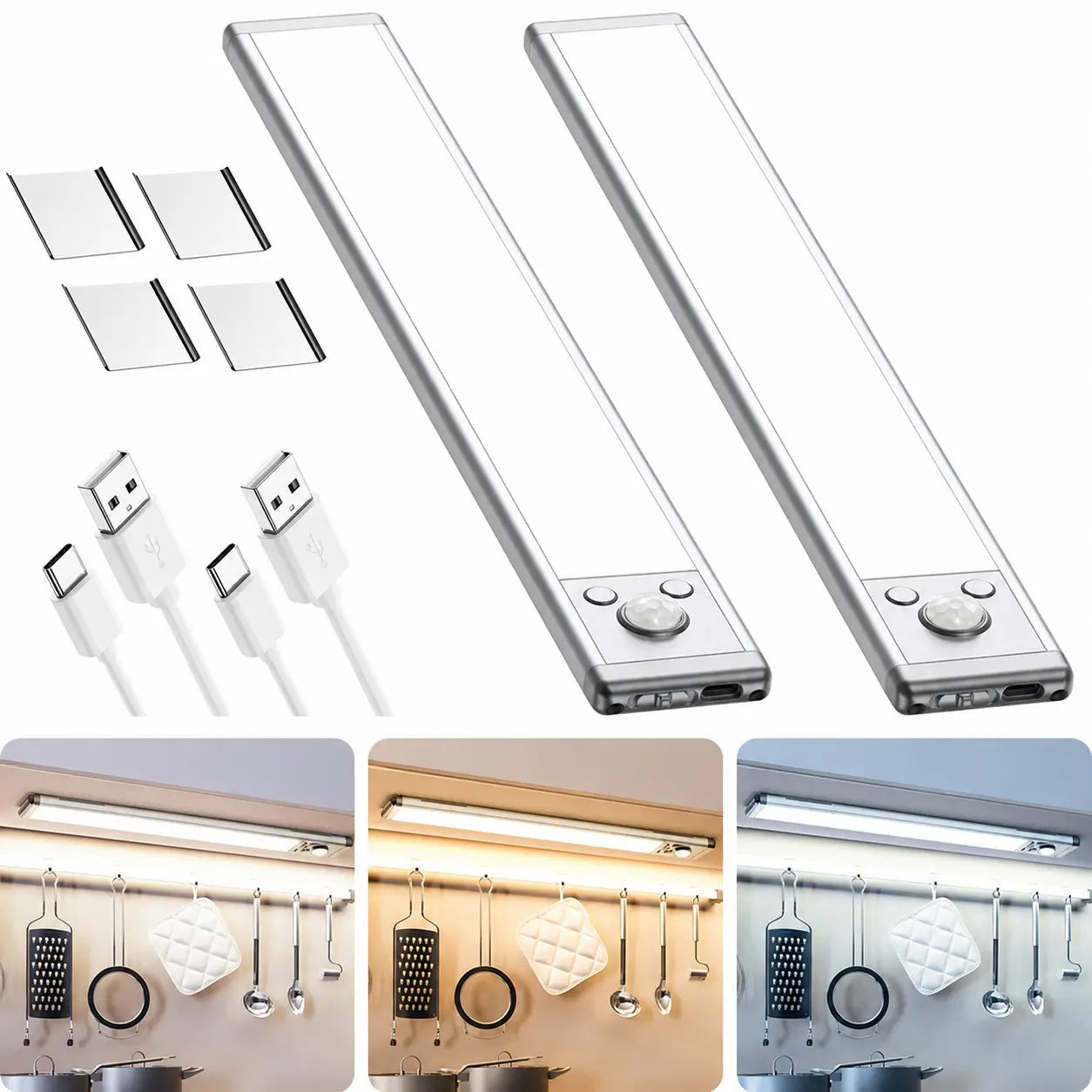 Under cabinet motion sensor lights, USB-C rechargeable dimmable 76 LED white light bars for kitchens, closets, pantries and stairs, 2 pack Tomyhome Global