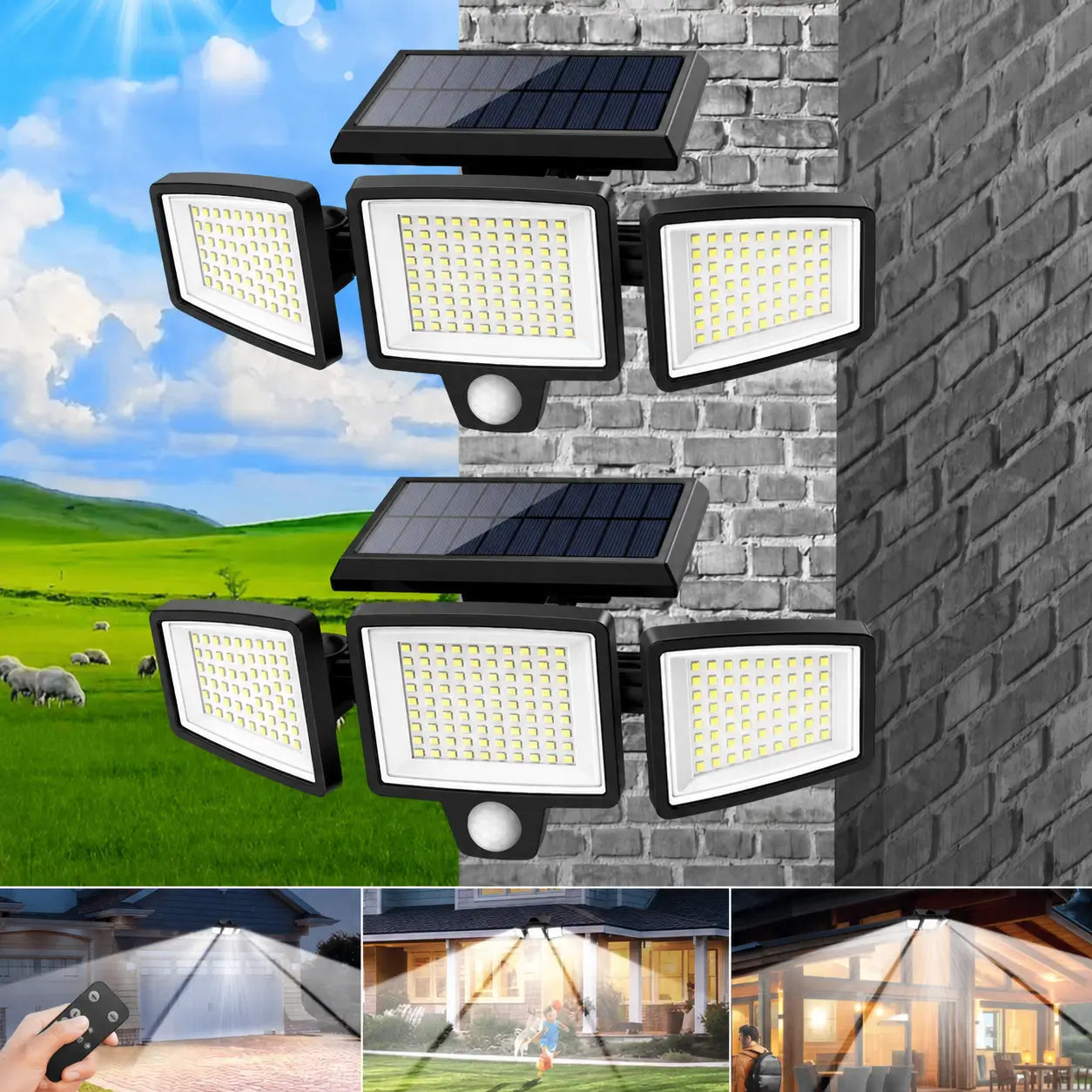 3-head solar motion sensor light, IP65 waterproof 210 LED outdoor security floodlight with remote control for driveway, garden, garage and porch Tomyhome Global