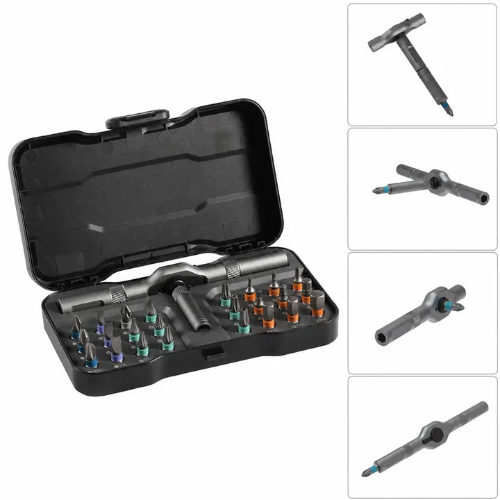 Portable 24-piece precision screwdriver kit with reversible ratchet handle and magnetic bits for quick furniture assembly, computers, bicycles, and household fixes Tomyhome Global