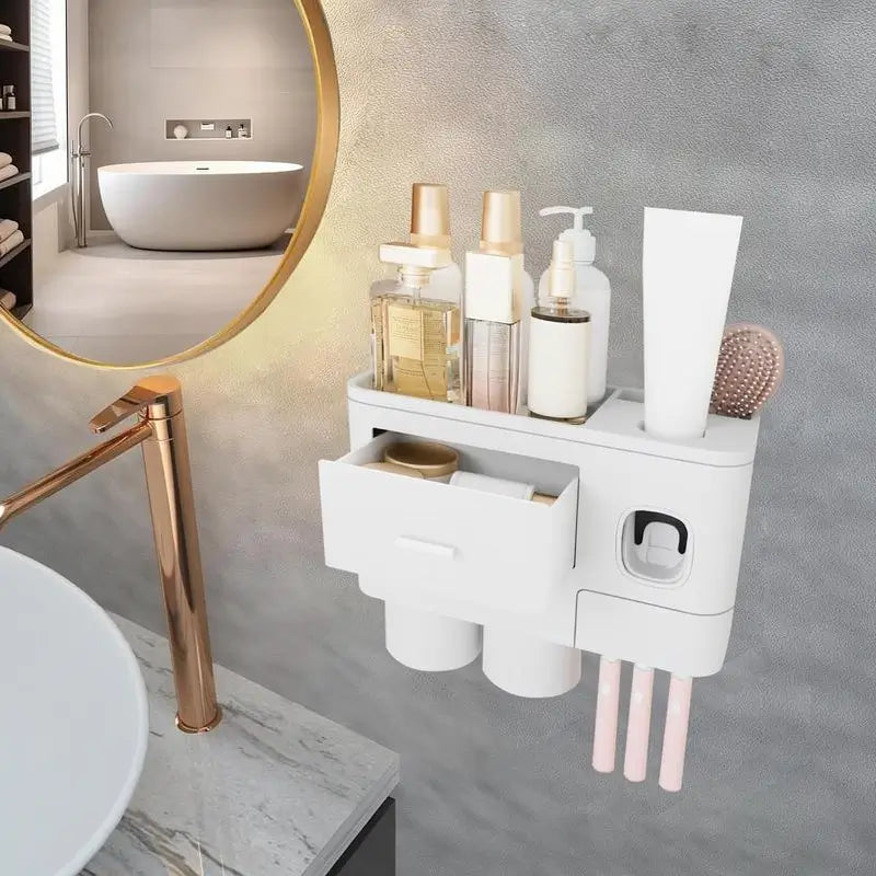 Portaspazzolino da Parete con Dispenser Automatico di Dentifricio, Vassoio Contenitore Grande e Tazze per Organizzazione Bagno, Set Accessori Bagno Multifunzionale Salvaspazio