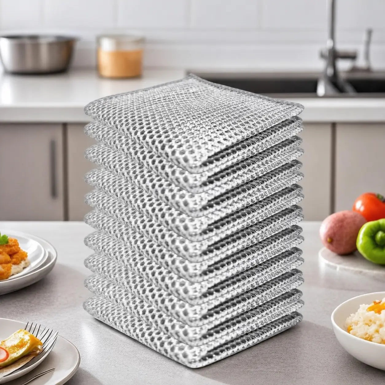 Non-Scratch Wire Dishcloths, 10-Pack 2-Layer Mesh Scrub Rags for Wet and Dry Kitchen Cleaning on Pots, Pans, Sinks and Stoves Tomyhome Global