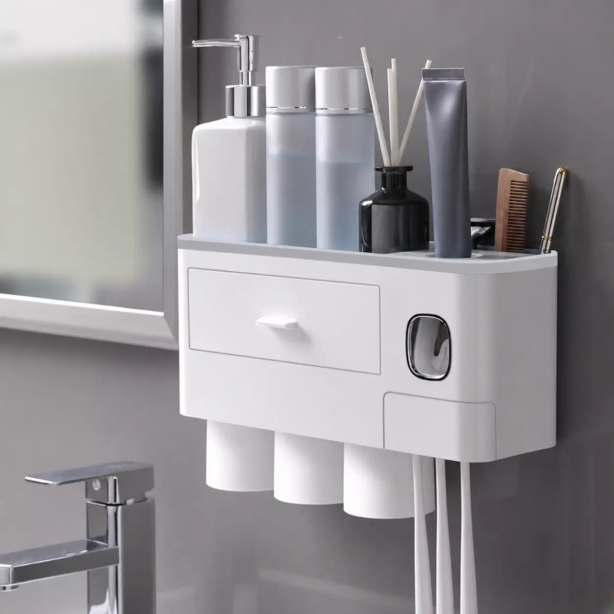 No-drill bathroom toothbrush organizer with automatic toothpaste dispenser, inverted magnetic cups, and tray for toiletries, razors, and cosmetics in compact wall-mounted spaces Tomyhome Global