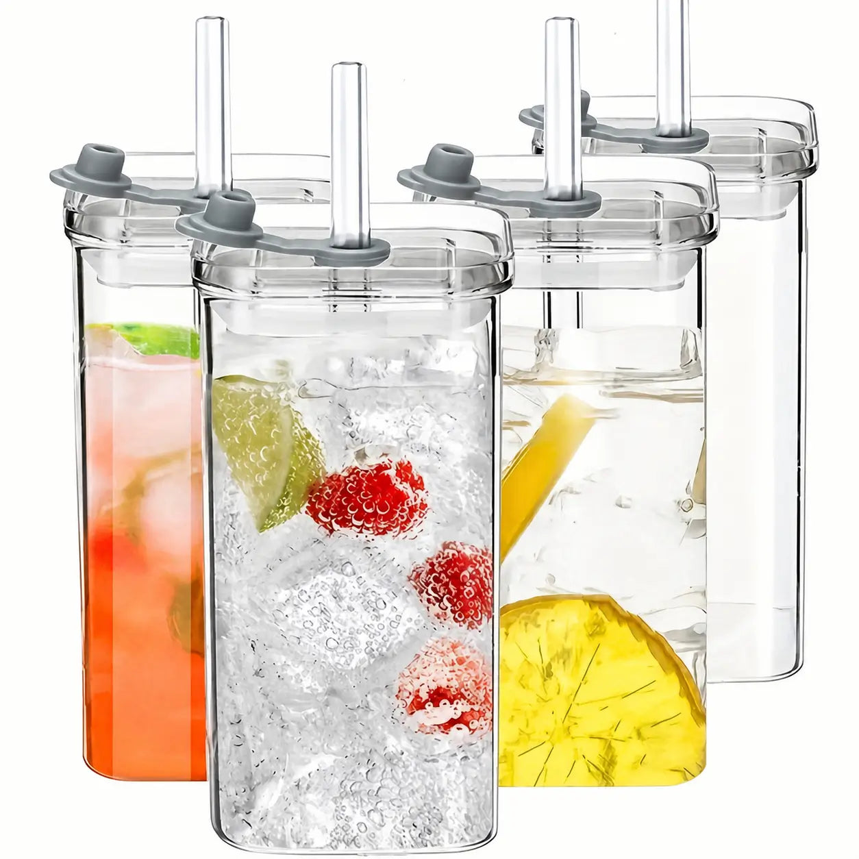 Square 13 oz glass tumbler set with lids and glass straws for iced coffee, cocktails, juice, and everyday drinks at home Tomyhome Global