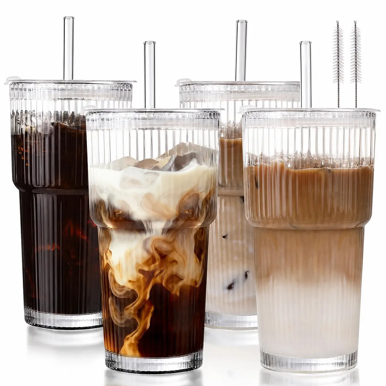 Reusable 562 ml (19 oz) ribbed glass cups with tight-sealing lids and straws for spill-resistant iced drinks, smoothies, cocktails, and commutes Tomyhome Global