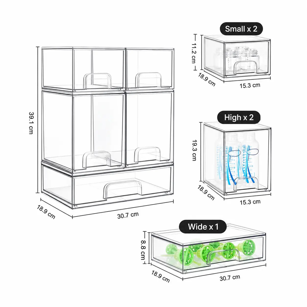 Stackable Clear Organizer Drawers, BPA-Free Multi-Size Storage Bins for Nursery Bottles, Bathroom Vanity, Pantry, Office Anywhere Tomyhome Global