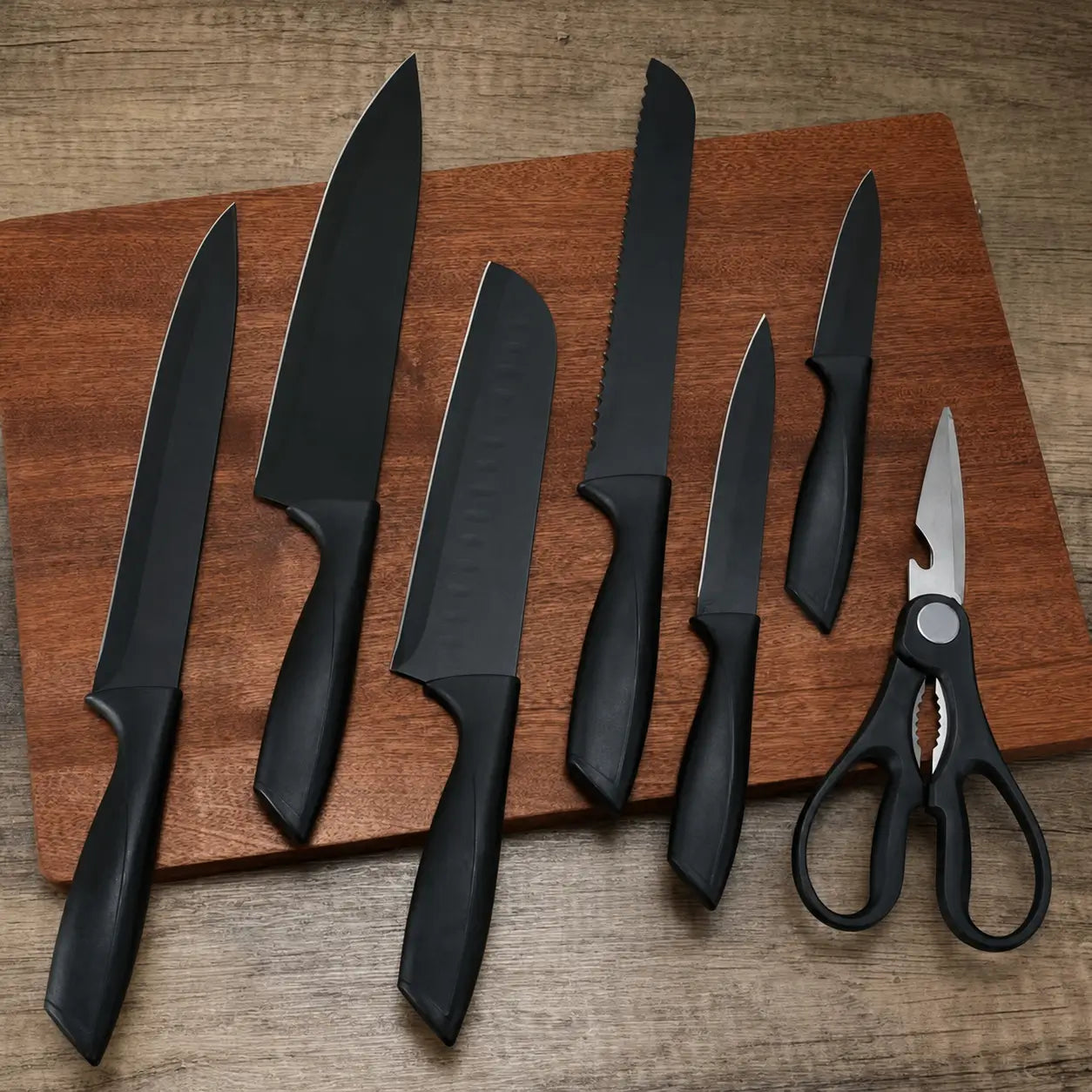 8-piece black kitchen knife set with non-stick rust-resistant blades, universal block and kitchen shears for everyday home cooking prep Tomyhome Global