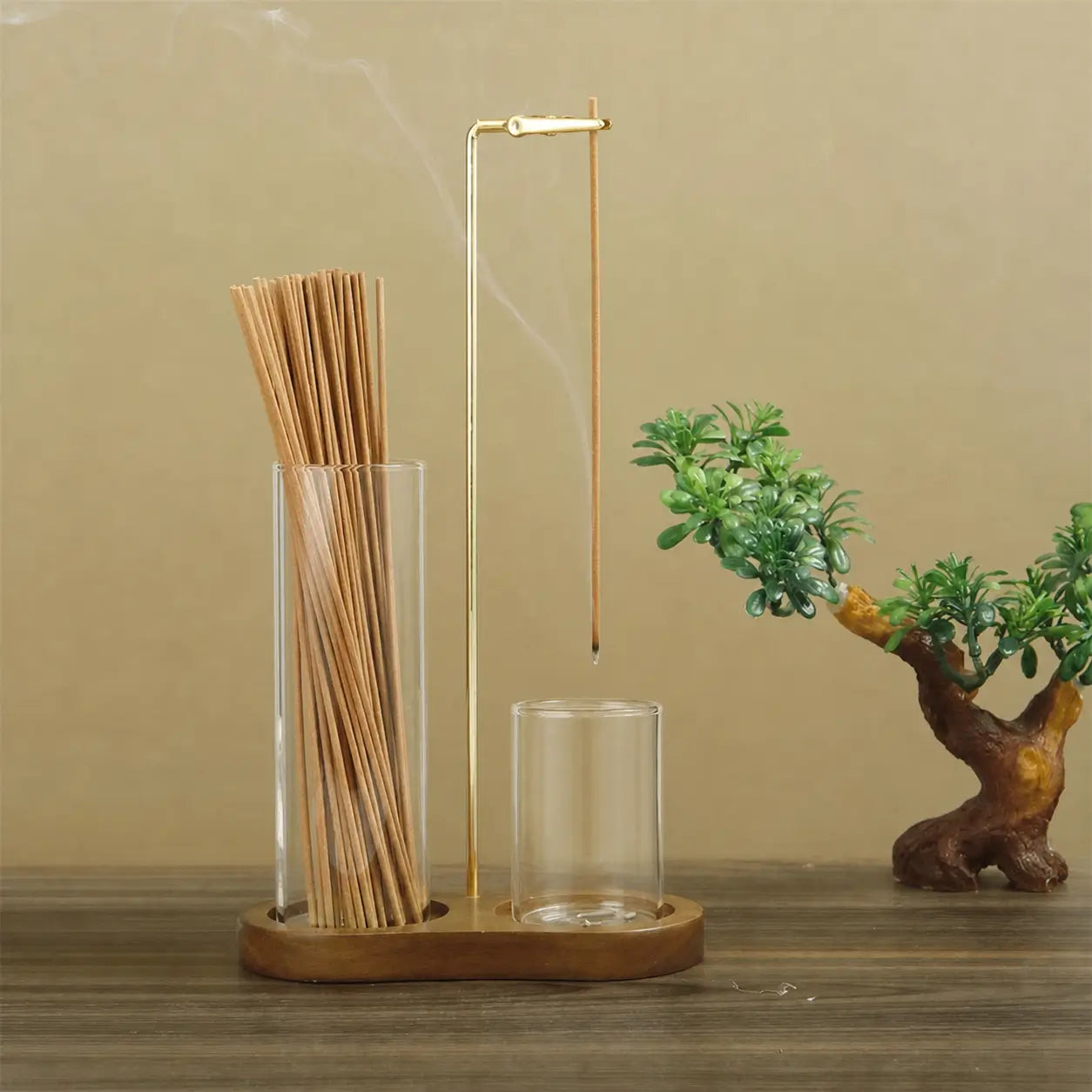 2-in-1 wooden incense and candle holder with removable glass ash catcher for meditation, yoga, bedroom and minimalist home decor Tomyhome Global