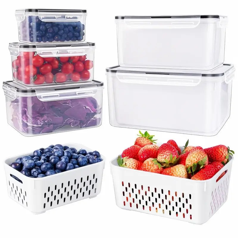 5-Pack Stackable Fridge Organizers BPA-Free Boxes with Removable Colander for Fruit Salad Vegetable Meat Fresh Kitchen Daily Home Use Tool Set