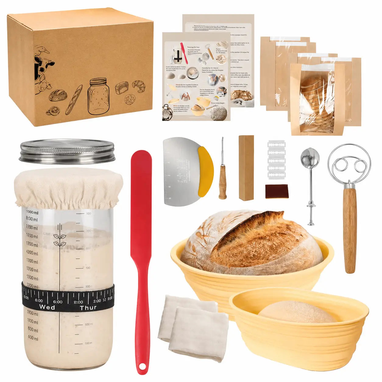 Complete sourdough starter kit with 1 L (34 oz) jar, silicone proofing baskets and tools for beginner home bread baking Tomyhome Global