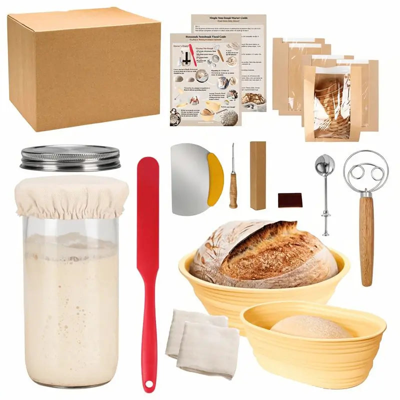 Premium Sourdough Starter Kit with 1000 ml Jar Silicone Proofing Baskets Danish Whisk Scraper Scoring Knife and Bread Bags for Easy Home Baking