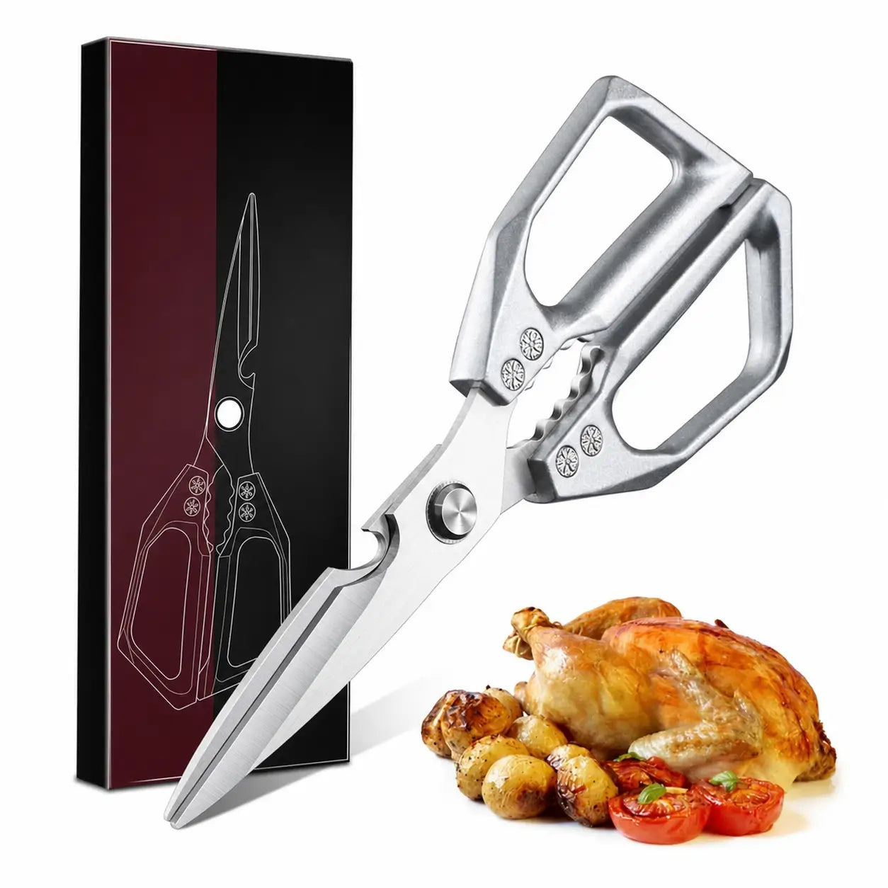 Heavy-duty stainless steel kitchen shears with detachable mirror-polished blades for poultry, fish bones, vegetables, and everyday meal prep at home kitchens Tomyhome Global