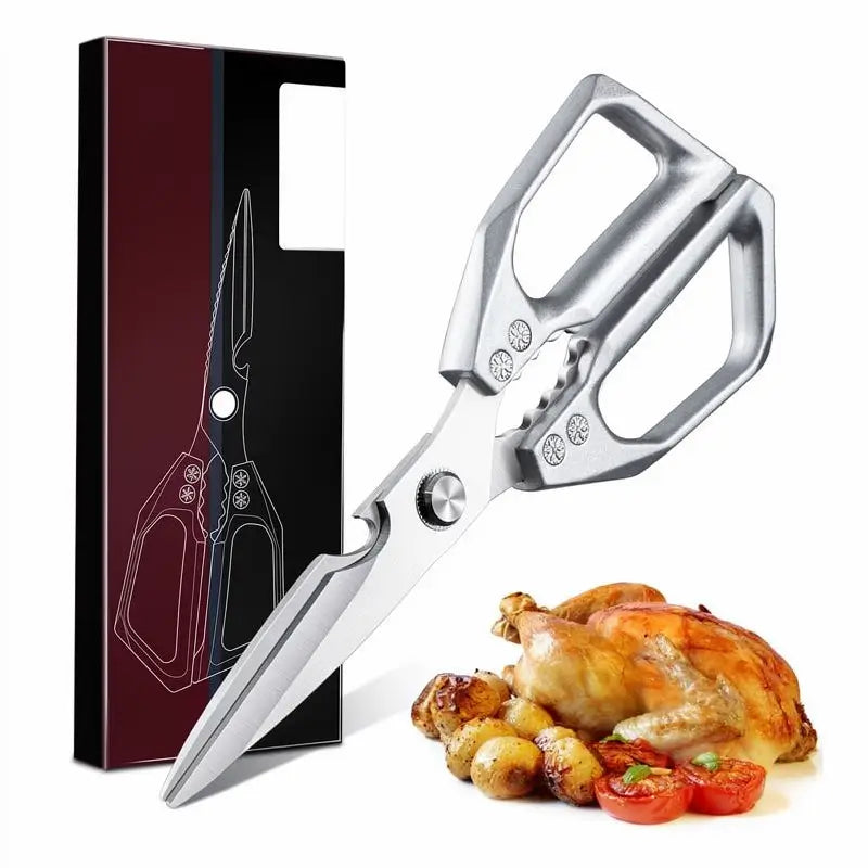 Sharp All-Purpose Stainless Steel Kitchen Scissors Heavy-Duty Poultry Shears Dishwasher Safe Silver Cooking Tool for Chicken Bones Turkey Meat and Food