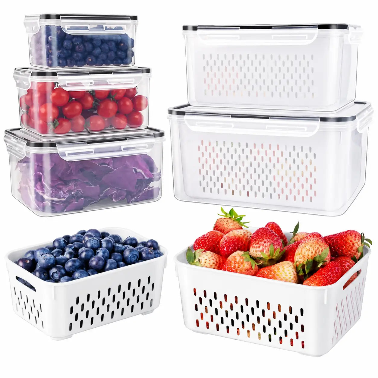 5-Pack Stackable Fridge Organizer Containers with Removable Colanders and Airtight Lids for Produce, Salad, Berries, Leftovers, and Meat Tomyhome Global