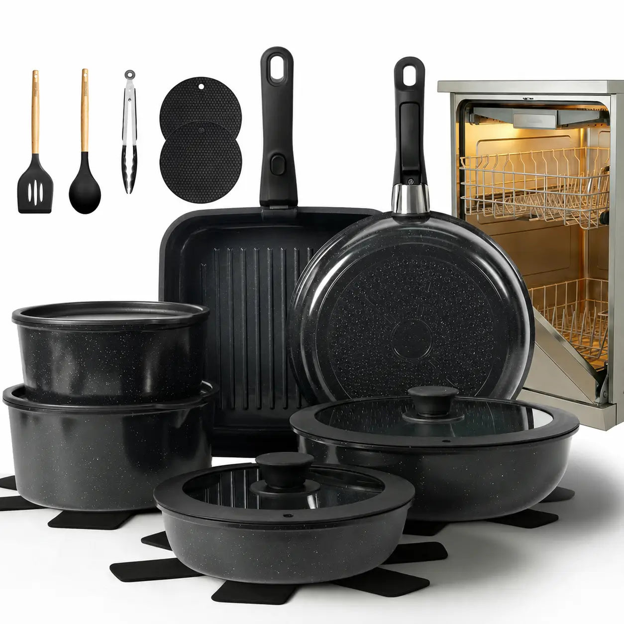 Ceramic Nonstick 22-Piece Cookware Set with Detachable Handles and Lids for Induction Kitchens, RV Cooking, Outdoor Meals, and Easy Storage Tomyhome Global