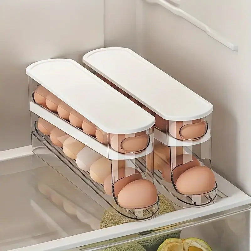 Rolling Egg Storage Box Clear Plastic Space-Saving Refrigerator Organizer Gravity Feed Automatic Dispenser Durable Container for Kitchen Countertop Fridge Pantry Storage
