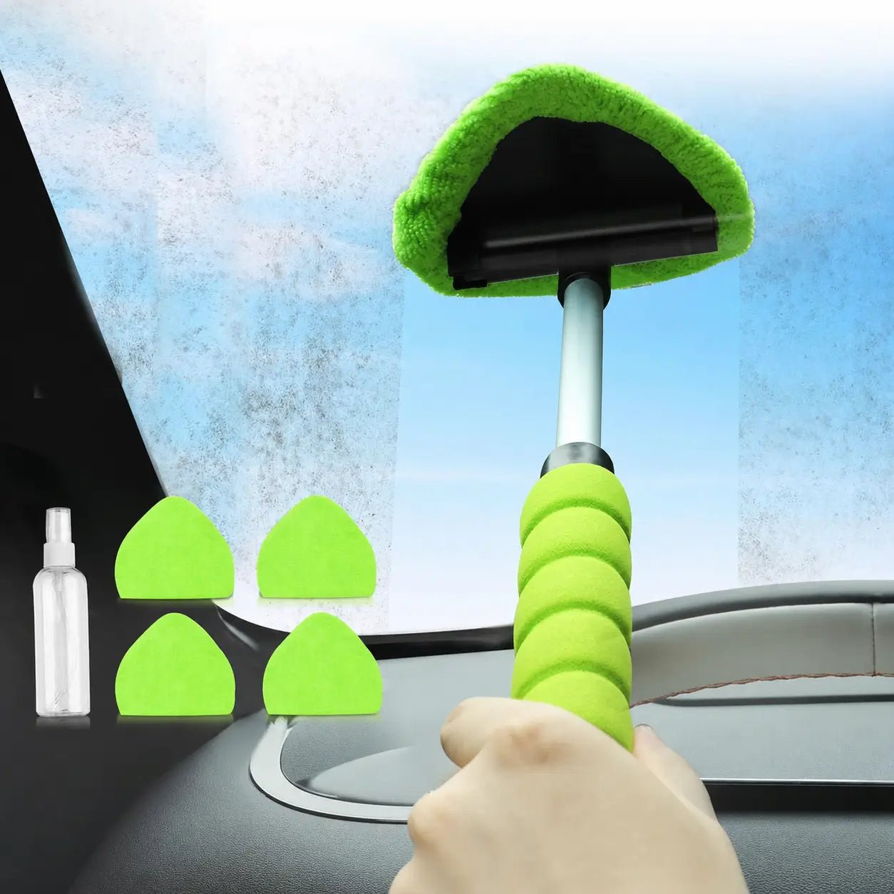Extendable Windshield Cleaning Tool with 180° Swivel Head and 4 Reusable Microfiber Pads for Interior and Exterior Cars, Trucks, SUVs, and RVs Tomyhome Global