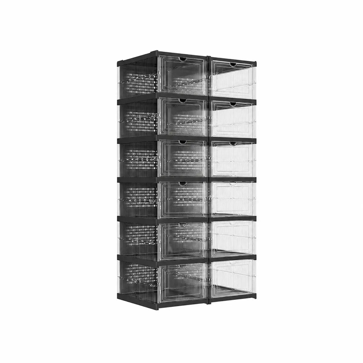 Collapsible shoe storage boxes with clear front doors, stackable foldable organizer for closets, shelves and entryways, fits US size 13 shoes Tomyhome Global