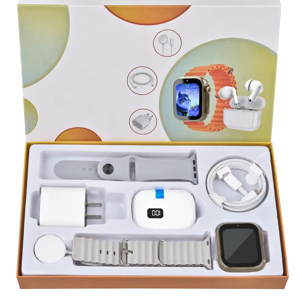 Portable 6-in-1 smartwatch kit with Bluetooth earbuds, 20W fast charger, Type-C cable and magnetic charging for everyday connectivity on the go Tomyhome Global