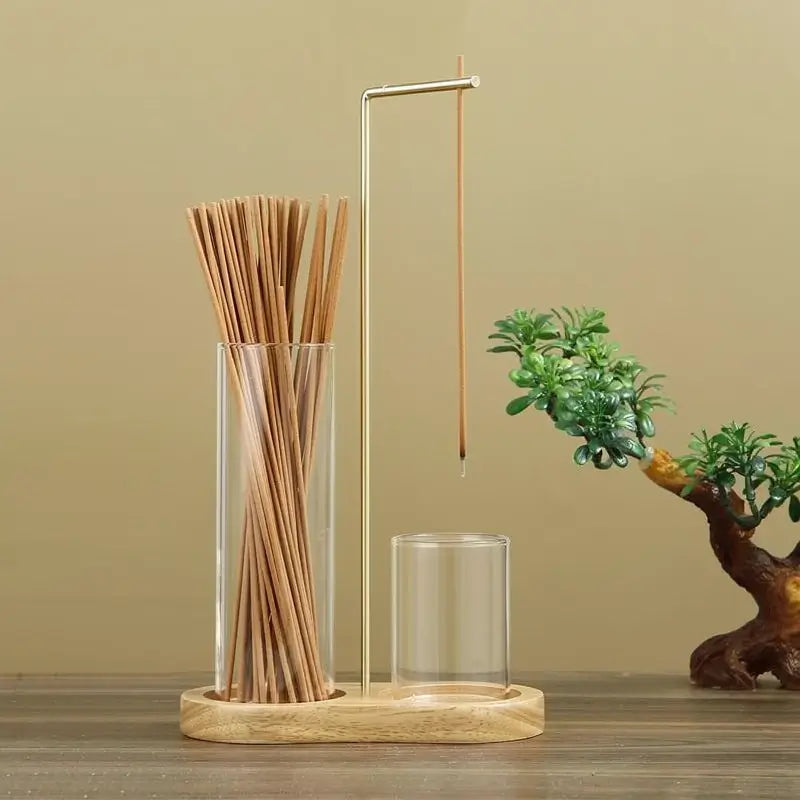 2-in-1 Incense Candle Holder with Wooden Base Glass Ash Catcher, Aromatherapy Diffuser for Bedroom, Scented Home Fragrance Decor Unique Ornament Gift