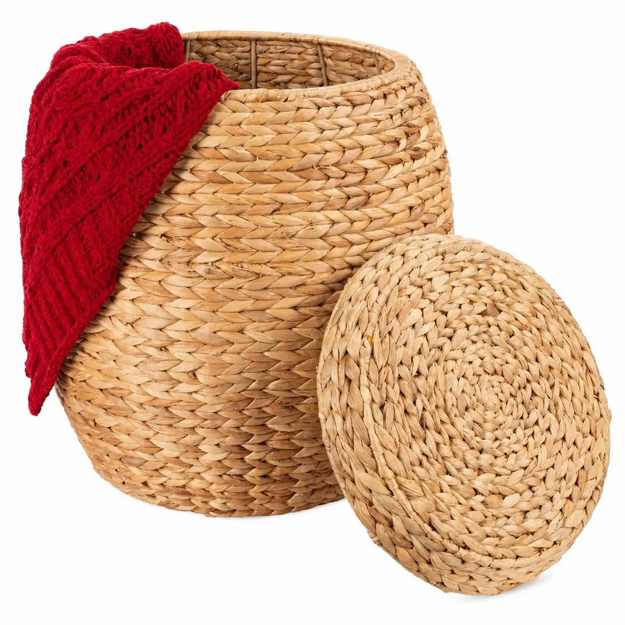 Handwoven water hyacinth storage basket with lid and metal frame for blankets, toys, laundry, and living room organization in any home Tomyhome Global