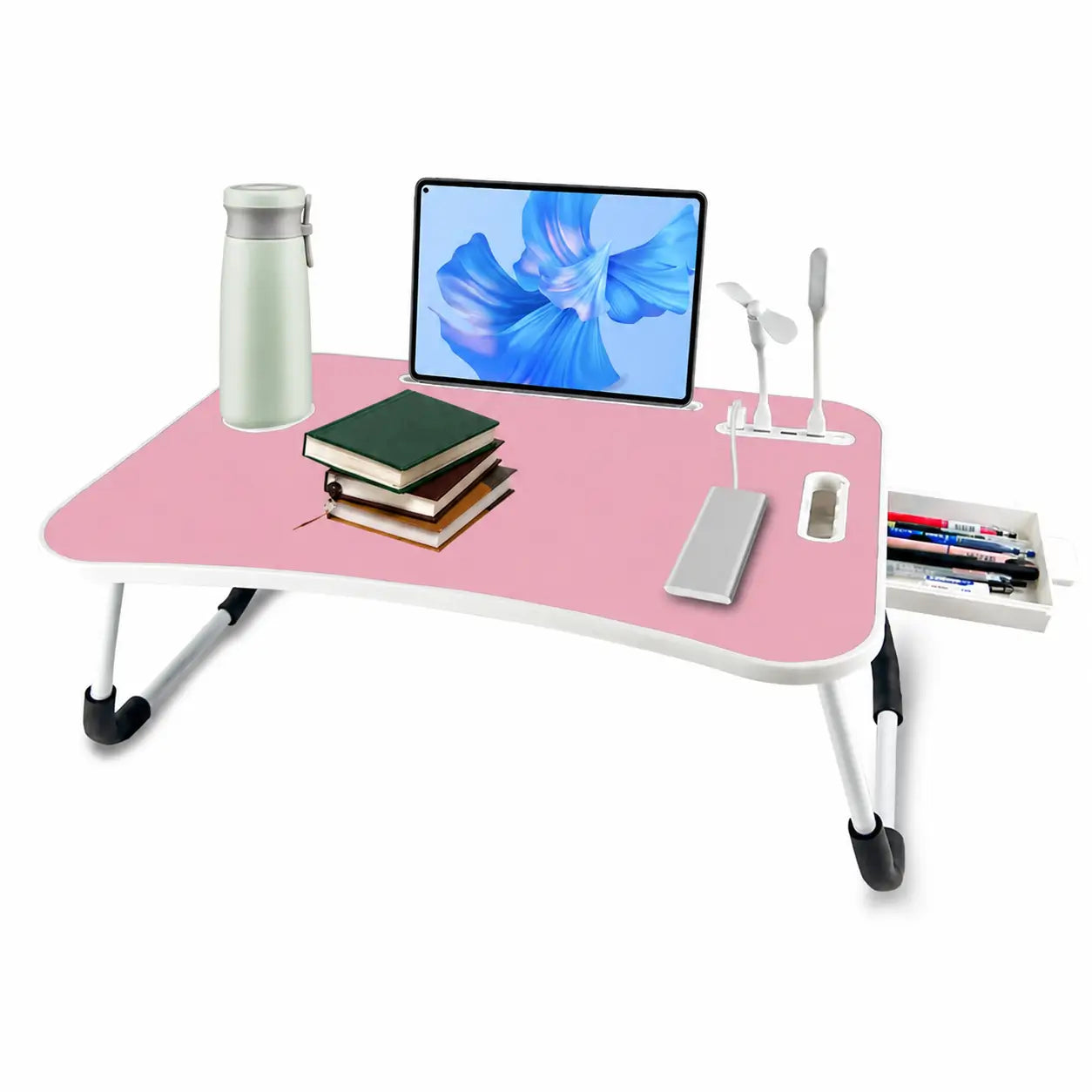 Foldable laptop bed desk with 4 USB ports, storage drawer, cup holder and adjustable angles for comfortable couch work at home Tomyhome Global