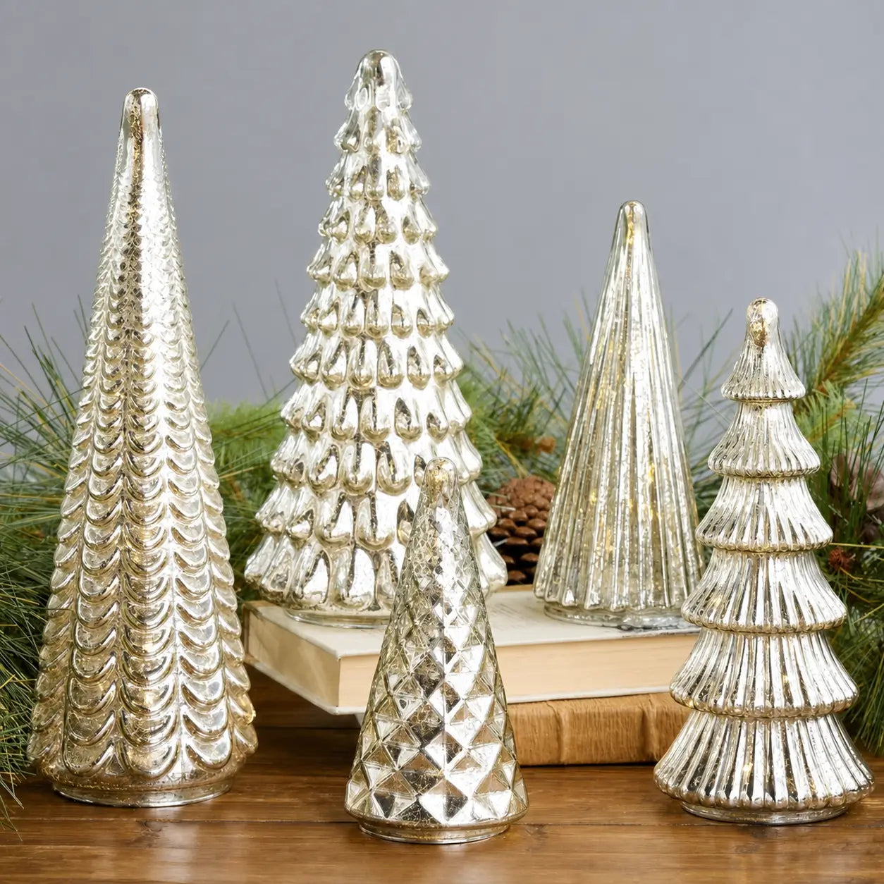 Set of 5 illuminated mercury glass Christmas trees with six-hour timer for mantel, side table, and festive holiday centerpiece decor displays Tomyhome Global