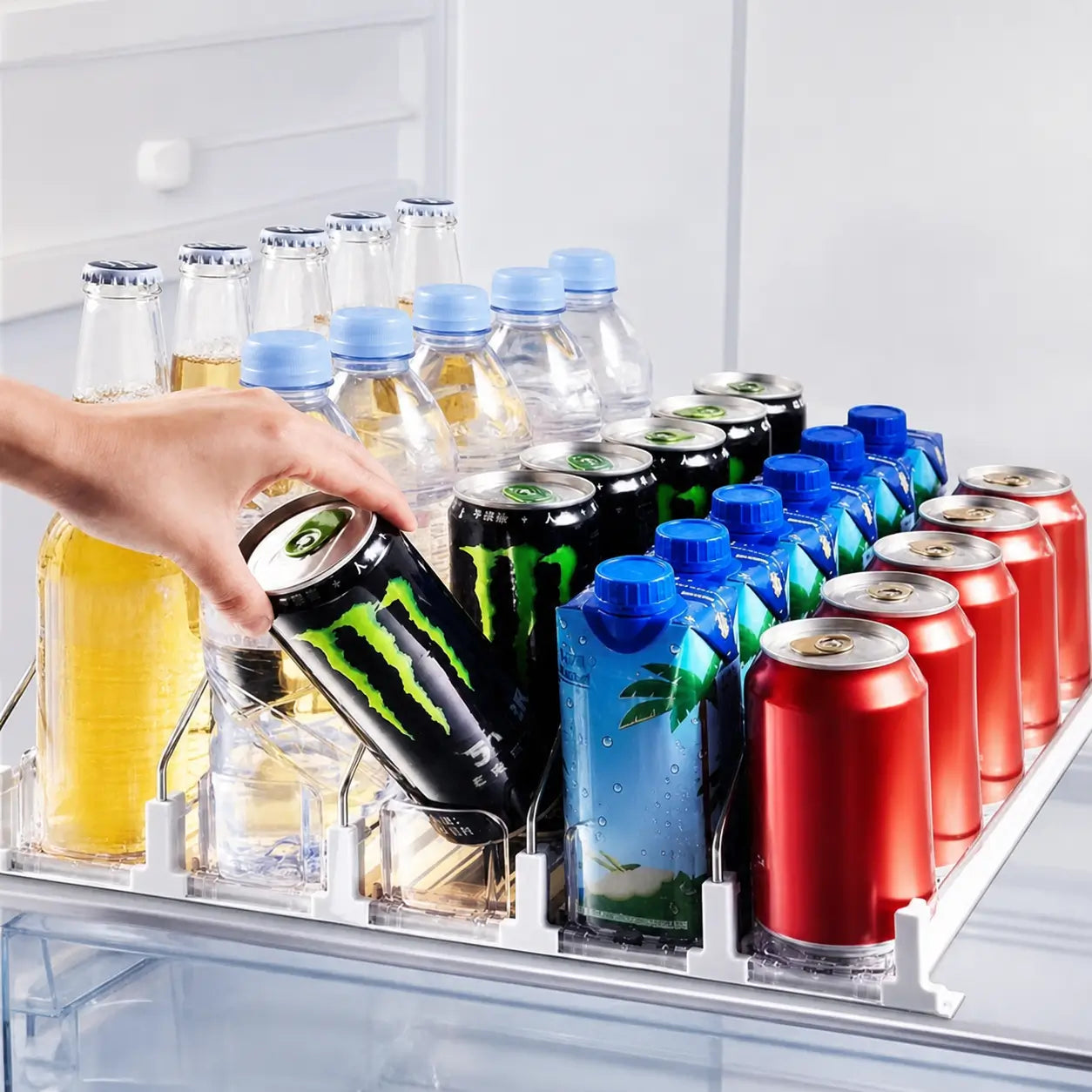 Refrigerator beverage organizer with spring-loaded can feed, durable recycled plastic storage for soda cans, coolers, shelves and pantry Tomyhome Global