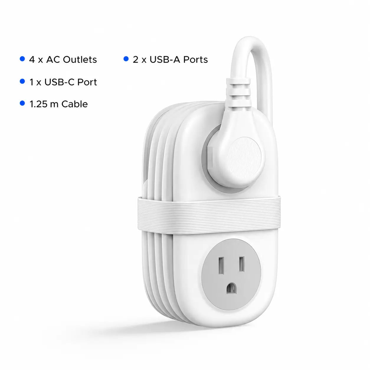 Compact travel power strip with 4 AC outlets, USB-C, flat plug and 1.25 m cord for cruises, hotels and office desks Tomyhome Global