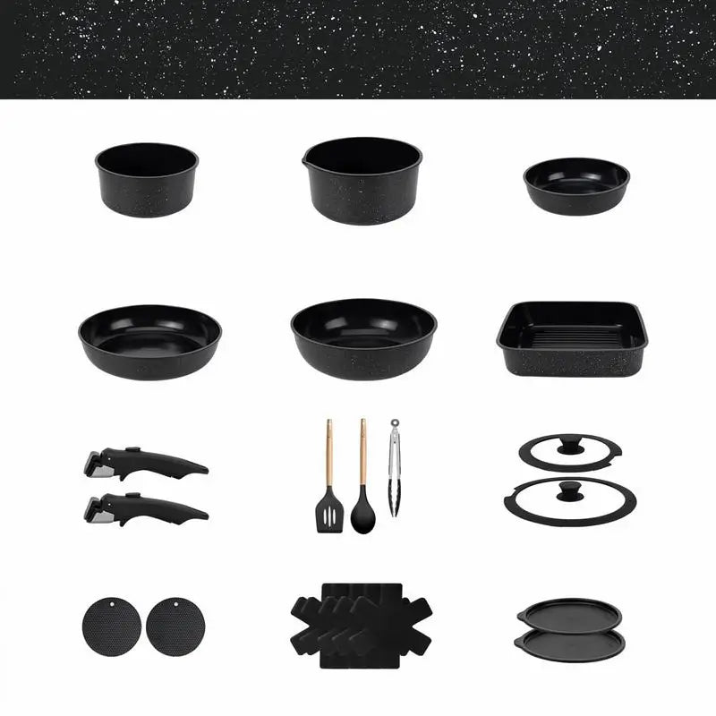22-Piece Ceramic Non-Stick Cookware Set with Detachable Handles Non-Toxic Space-Saving Pots and Pans for RV Kitchen Induction Healthy Milk Pan Set