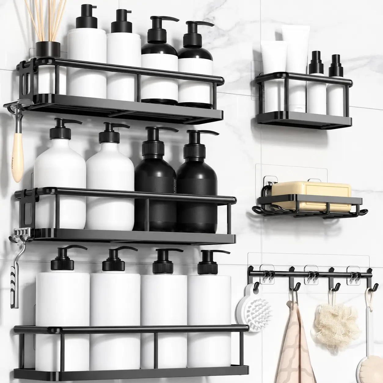 Black No-Drill Shower Caddy 5-Pack with Rust-Resistant Metal Shelves and Removable Hooks for Bathroom Wall Storage and Inside Shower Organization Tomyhome Global