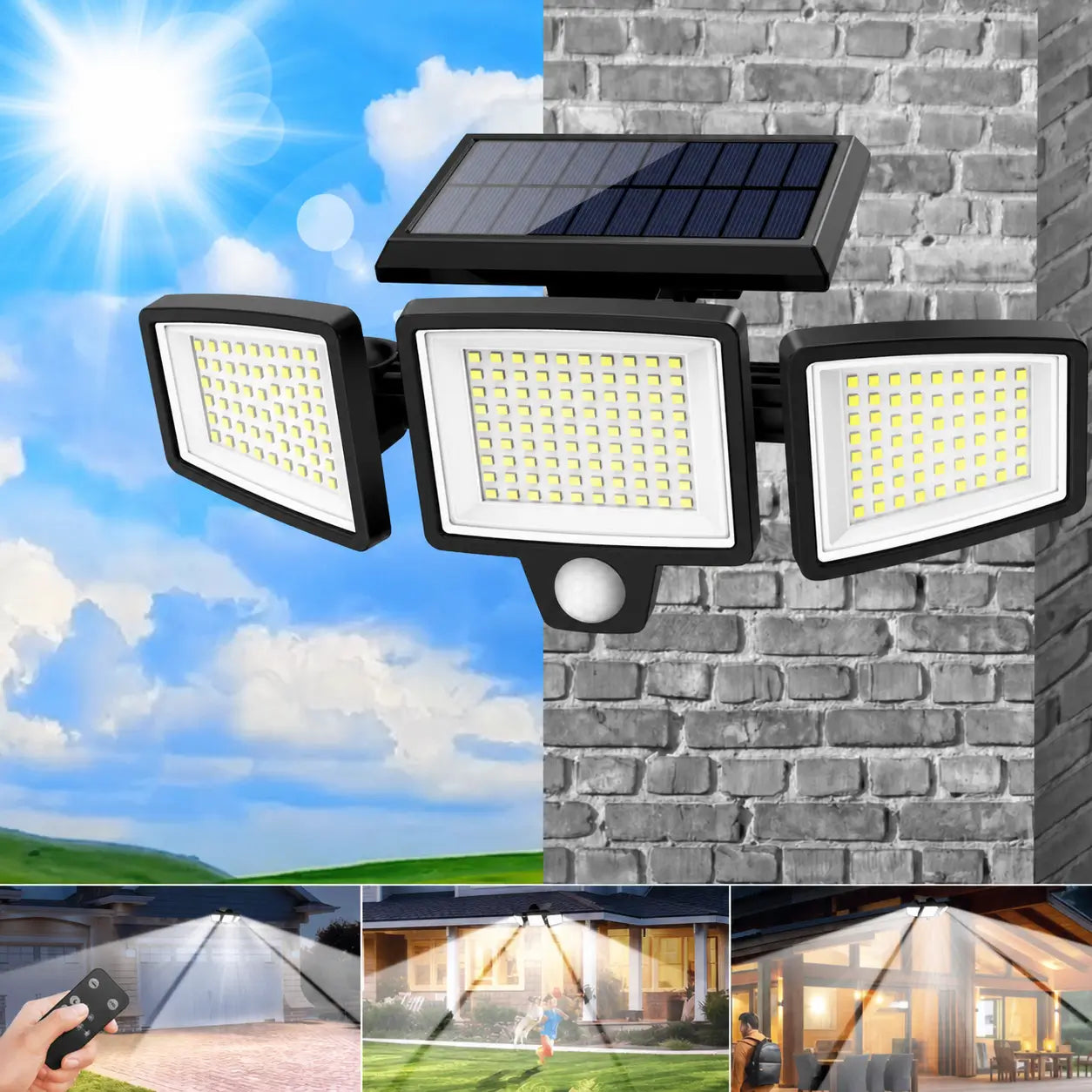 3-head solar motion sensor light, IP65 waterproof 210 LED outdoor security floodlight with remote control for driveway, garden, garage and porch Tomyhome Global