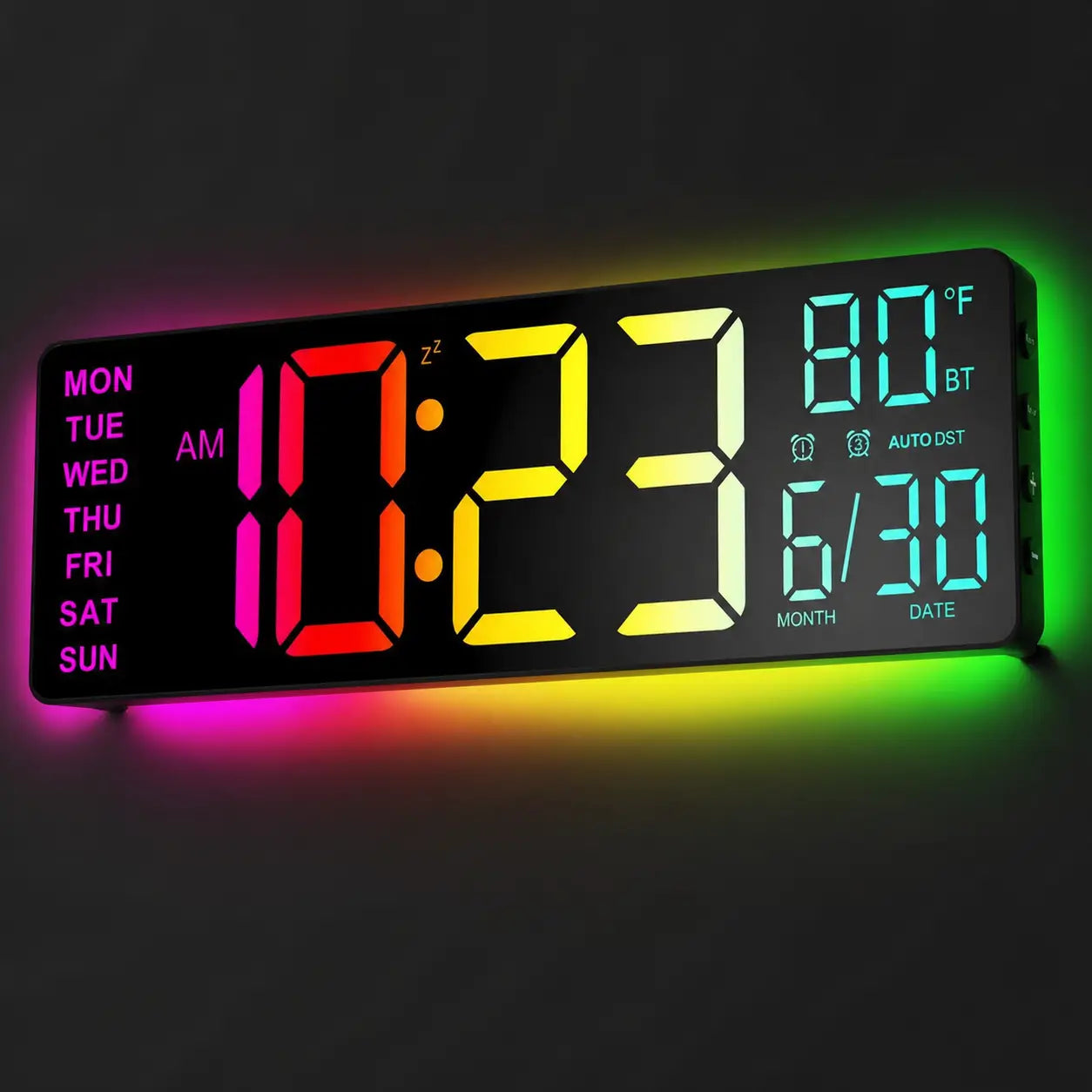 Large digital wall clock with RGB ambient light, dual alarms, and easy-read LED display for home offices, kitchens, classrooms, and gaming rooms Tomyhome Global