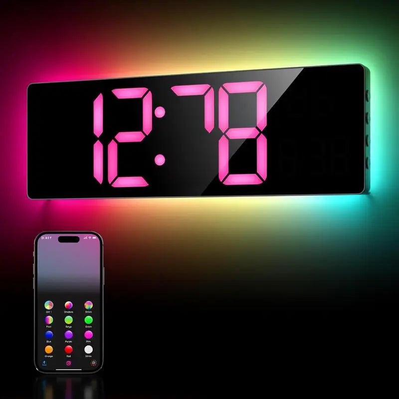 42 cm Large Digital Wall Clock with Bluetooth Sync RGB LED Lights 11 Scene Modes Remote Dual Alarms Auto DST Temperature for Office Gaming