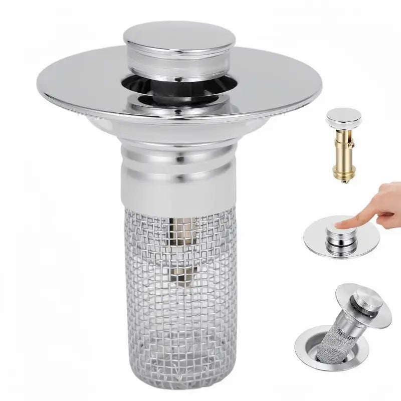 Bathroom Sink Stopper Hair Catcher Universal Pop Up Sink Drain Filter with Stainless Steel Filter Basket and Brass Drain Plug for Home Use