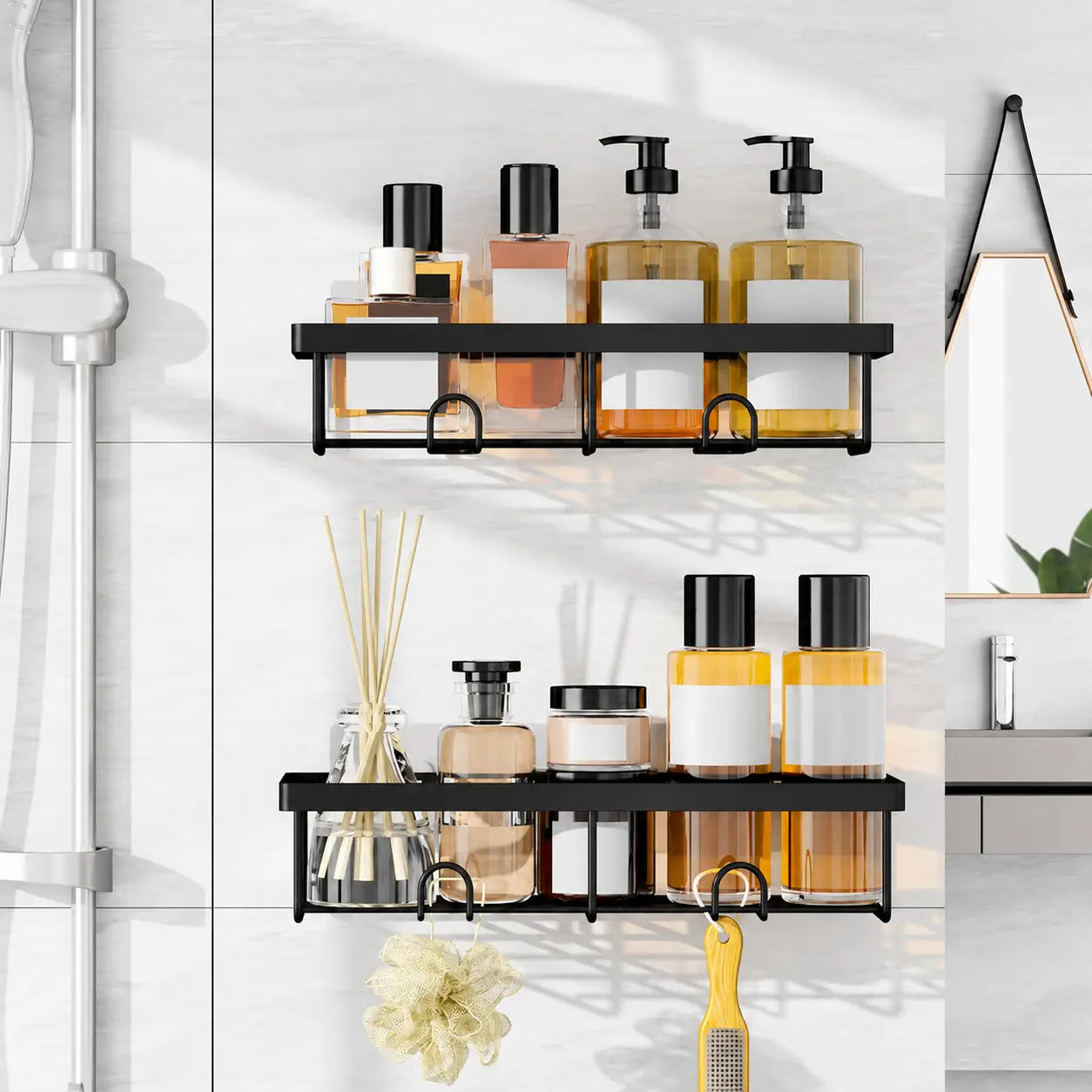Black No-Drill Shower Caddy 5-Pack with Rust-Resistant Metal Shelves and Removable Hooks for Bathroom Wall Storage and Inside Shower Organization Tomyhome Global
