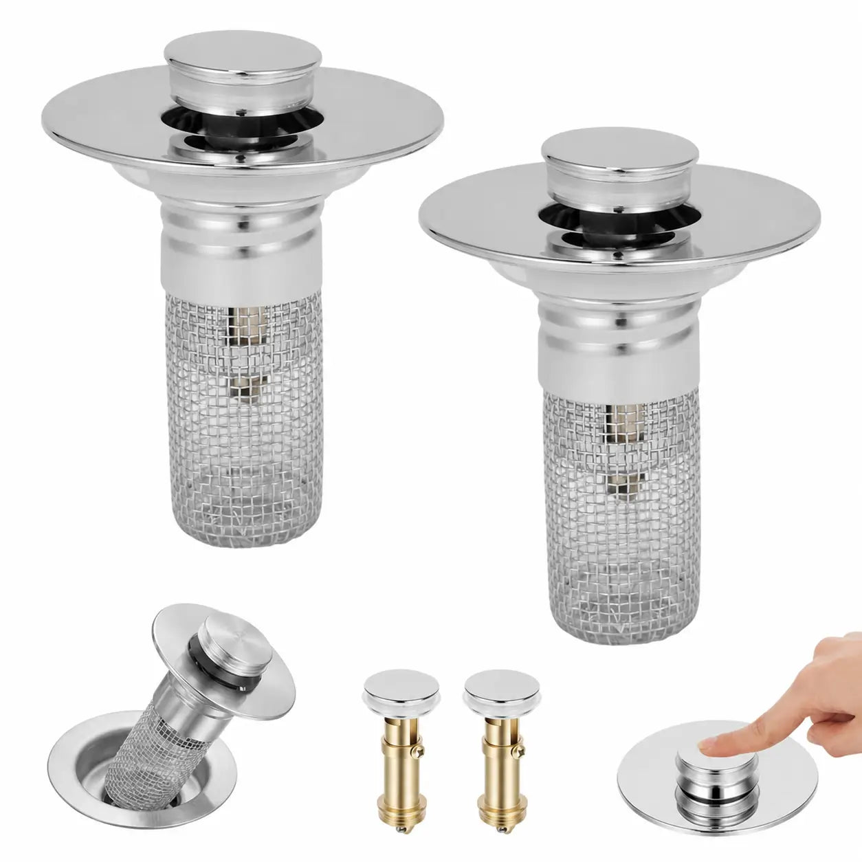 Universal pop-up sink stopper with removable stainless steel hair catcher basket for standard bathroom drains, 2-in-1 anti-clog strainer and plug Tomyhome Global