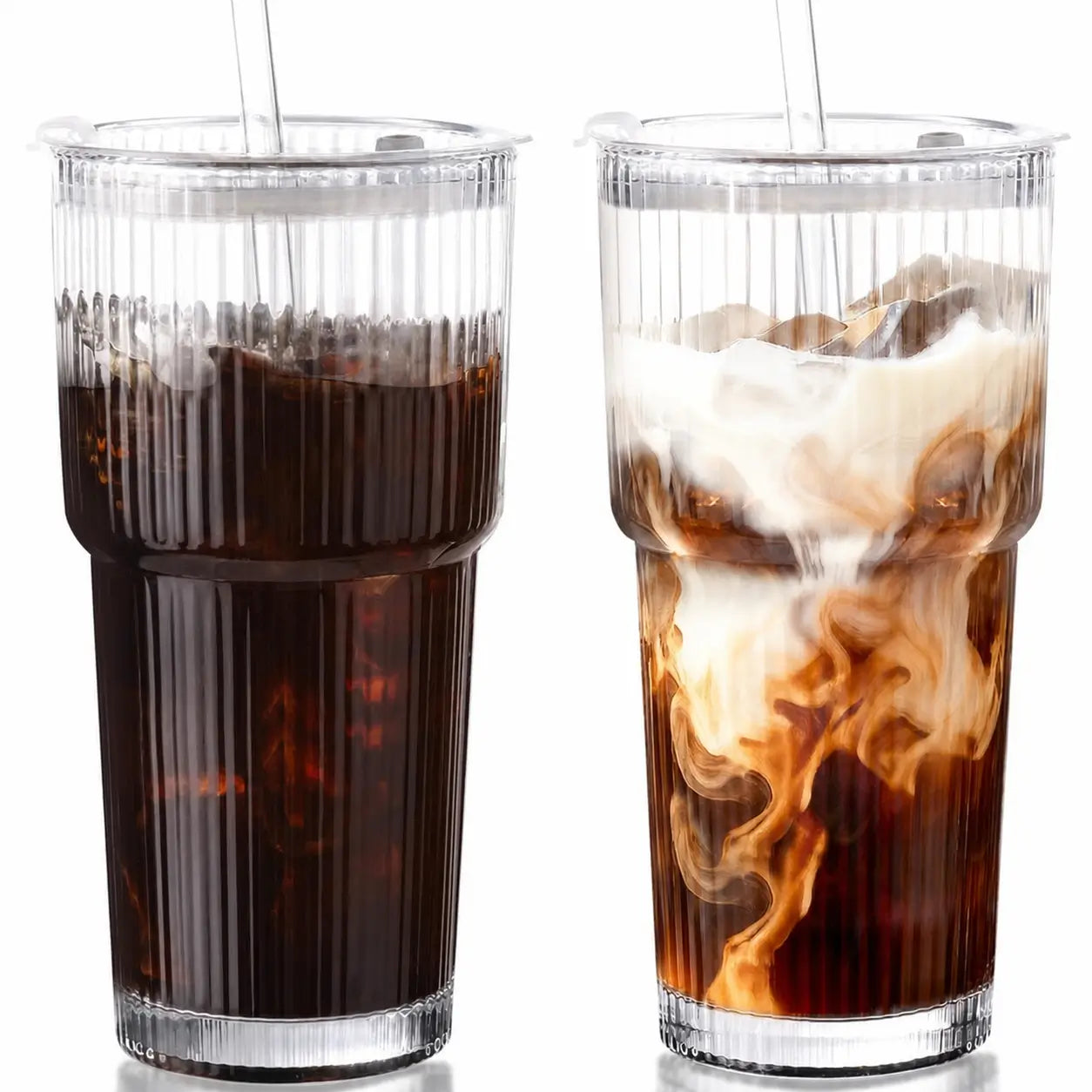 Reusable 562 ml (19 oz) ribbed glass cups with tight-sealing lids and straws for spill-resistant iced drinks, smoothies, cocktails, and commutes Tomyhome Global