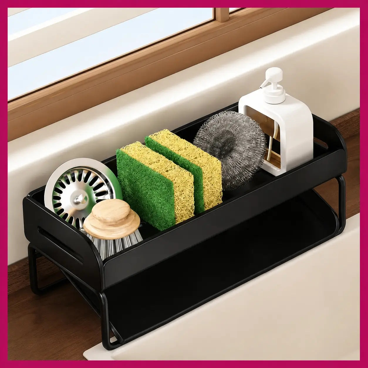 Corrosion-resistant metal sink organizer with high brush holder for sponges, scrubbers, bottles, and clutter-free kitchen counters beside your dishwashing area every day Tomyhome Global