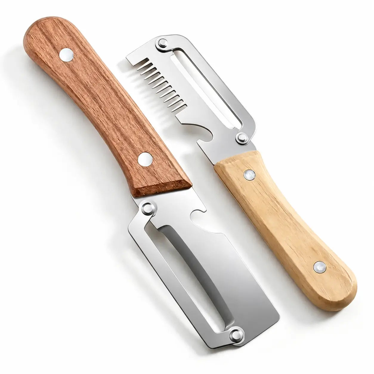 Two-Piece Vegetable and Fruit Peeler Set with Ultra-Sharp Stainless Steel Blade, Wooden Handle, and Built-In Bottle Opener for Everyday Kitchen Prep Tomyhome Global