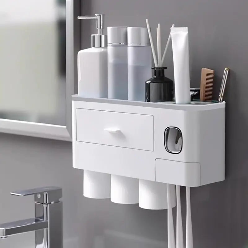 Portaspazzolino da Parete con Dispenser Automatico di Dentifricio, Vassoio Contenitore Grande e Tazze per Organizzazione Bagno, Set Accessori Bagno Multifunzionale Salvaspazio