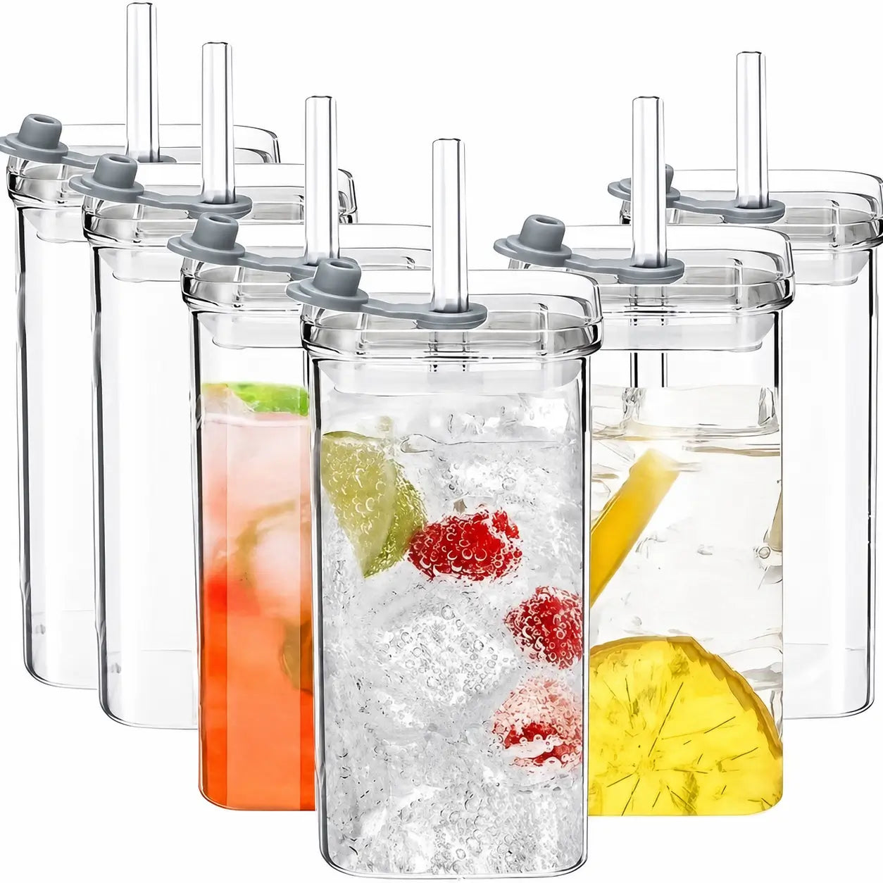 Square 13 oz glass tumbler set with lids and glass straws for iced coffee, cocktails, juice, and everyday drinks at home Tomyhome Global