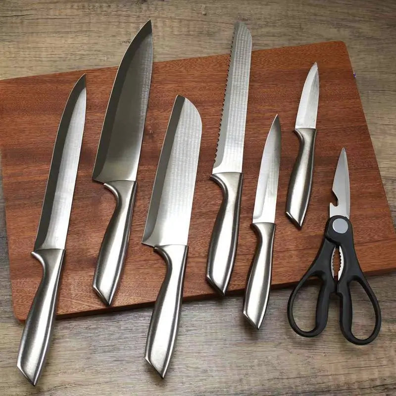 8-Piece Stainless Steel Knife Set with Block Sharp Anti-Rust Ergonomic Handle for Chef Meat Vegetable Slicing Dicing Mincing and Daily Use
