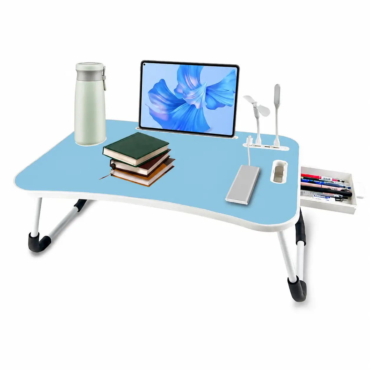 Foldable laptop bed desk with 4 USB ports, storage drawer, cup holder and adjustable angles for comfortable couch work at home Tomyhome Global