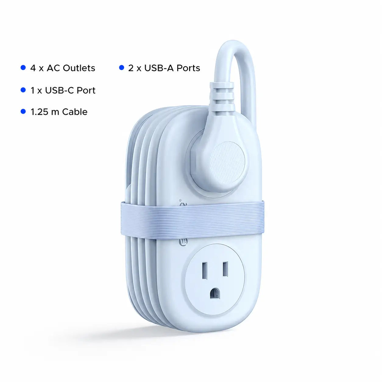 Compact travel power strip with 4 AC outlets, USB-C, flat plug and 1.25 m cord for cruises, hotels and office desks Tomyhome Global