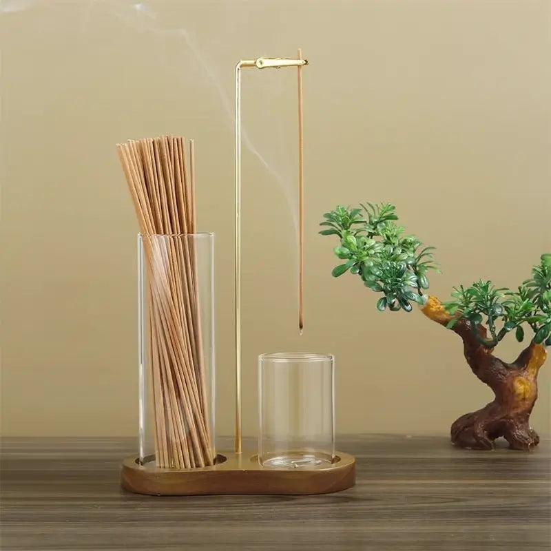 2-in-1 Incense Candle Holder with Wooden Base Glass Ash Catcher, Aromatherapy Diffuser for Bedroom, Scented Home Fragrance Decor Unique Ornament Gift
