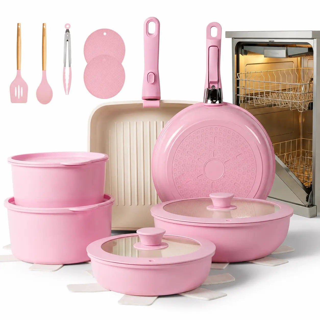 Ceramic Nonstick 22-Piece Cookware Set with Detachable Handles and Lids for Induction Kitchens, RV Cooking, Outdoor Meals, and Easy Storage Tomyhome Global