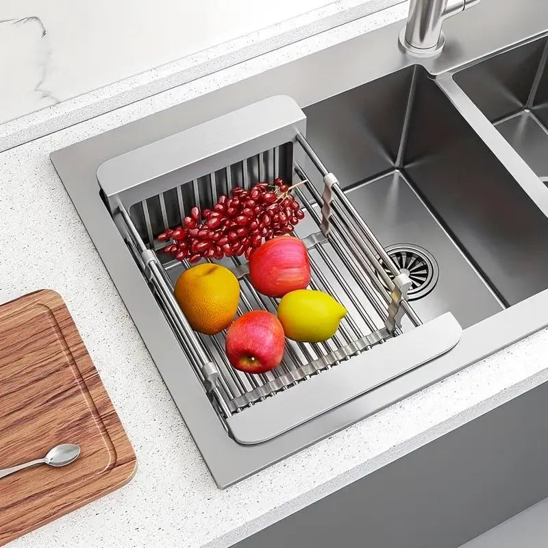 Égouttoir à Vaisselle Suspendu en Acier Inoxydable Réglable Panier Filtre Multifonctionnel pour Fruits Légumes Organiseur d'Évier Rangement Séchage et Gain d'Espace